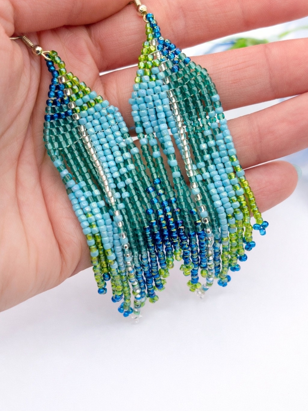 Hand Crafted Teal, Blue & Lime Beaded Fringe Earrings